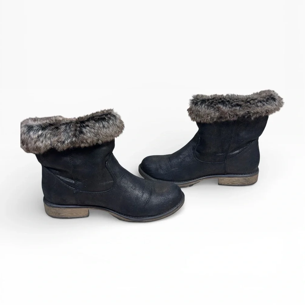 Candie’s Cahoot Black Faux Leather Ankle Boots Faux Fur Trim Women’s Size US 9